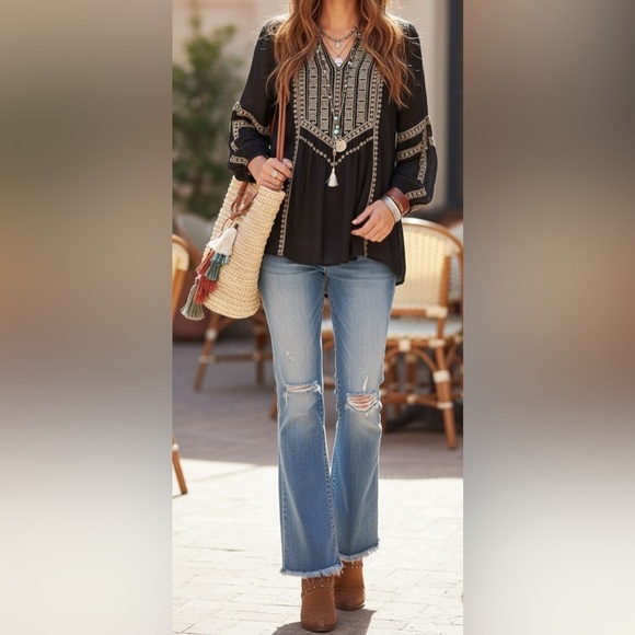 Tolani Tops - BLOUSE of Tolani Black Embellished Bib Collar